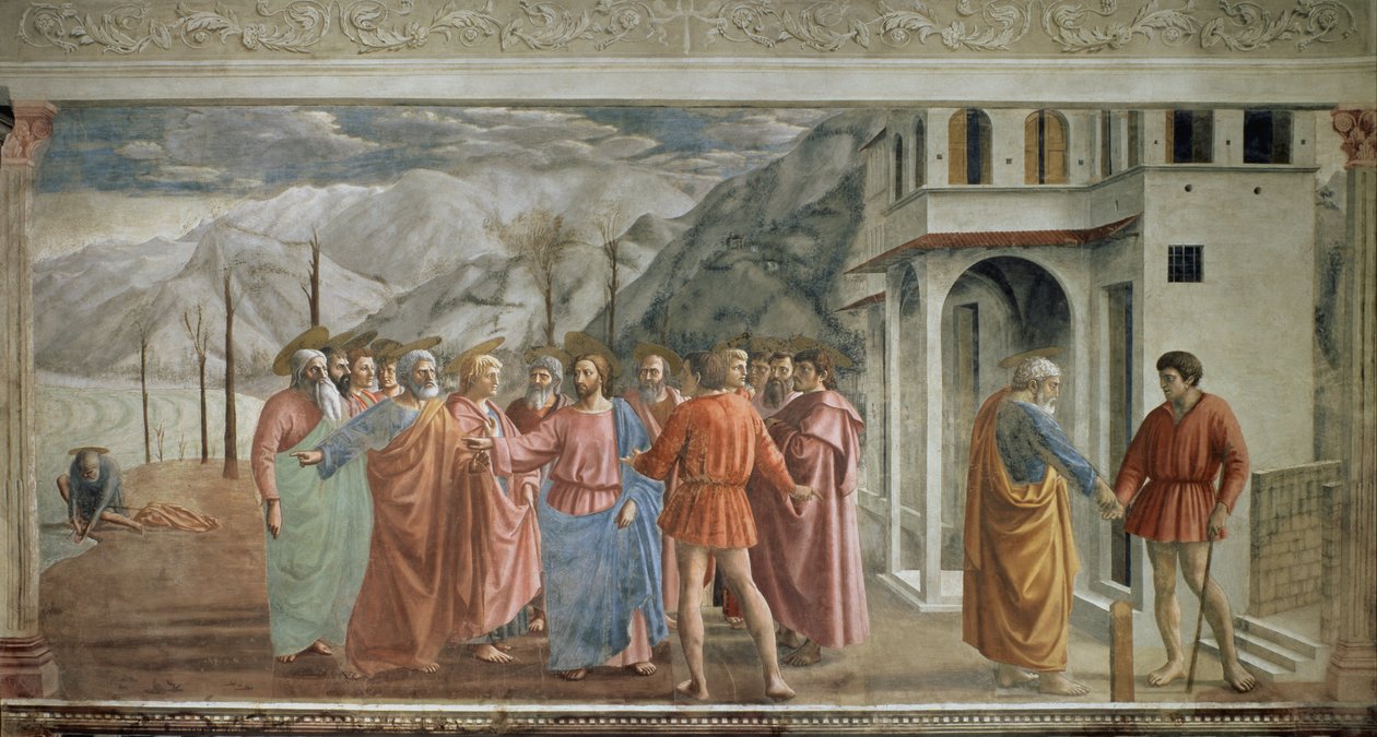 Tribute Money - Le paiement du tribute (Hołd) - Fresk Tommaso di ser Giovanni di Mone Cassai dit Masaccio (1401-1428), 254,5x598,3 cm autorstwa Tommaso Masaccio