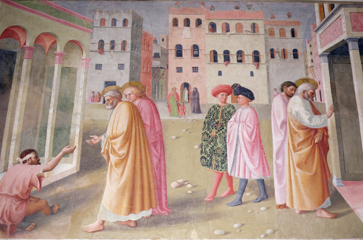 Uzdrowienie kaleki i podniesienie Tabithy autorstwa Tommaso Masolino da Panicale