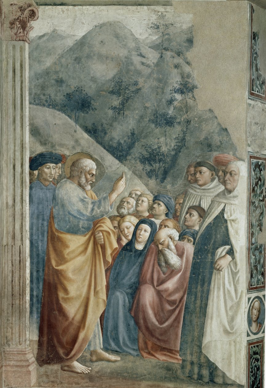Predykacja św. Piotra - Fresk Tommaso di Cristoforo Fini dit Masolino da Panicale (1383-około 1440), 255x162 cm, około 1425. Florencja, kościół Santa Maria del Carmine, kaplica Brancaccich autorstwa Tommaso Masolino da Panicale
