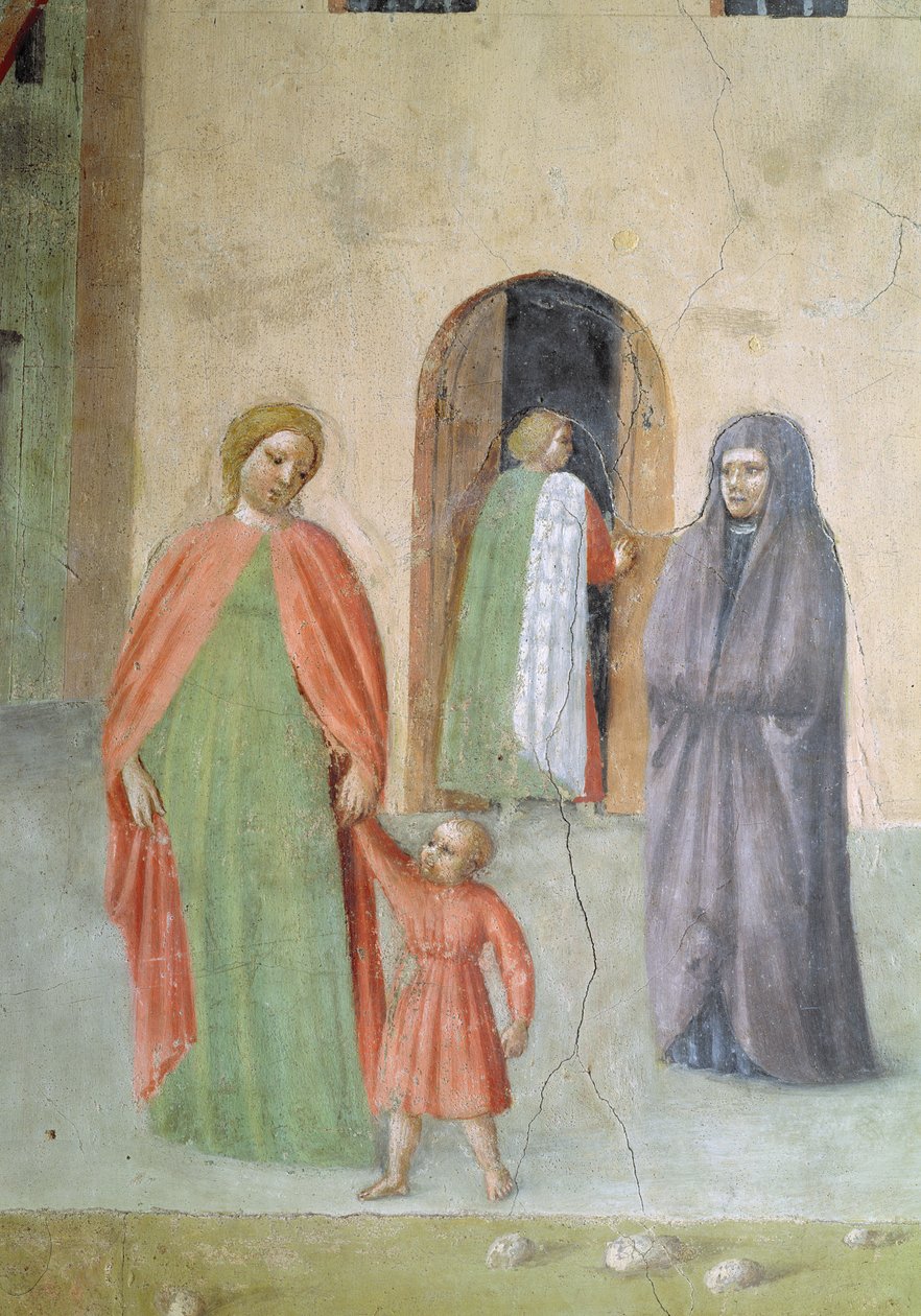 Św. Piotr Uzdrowienie kaleki i podniesienie Tabithy: szczegół odległych postaci: zakonnica, matka i dziecko, fresk z ok. 1427 r. autorstwa Tommaso Masolino da Panicale