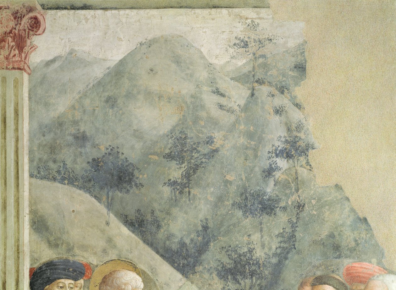 Głoszenie św. Piotra w Jerozolimie: Pagórkowaty krajobraz, ok. 1427 r. autorstwa Tommaso Masolino da Panicale