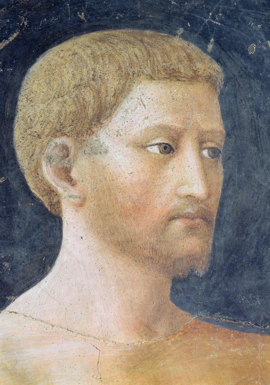 Kuszenie Adama i Ewy szczegół głowy Adama, fresk z ok. 1427 r autorstwa Tommaso Masolino da Panicale