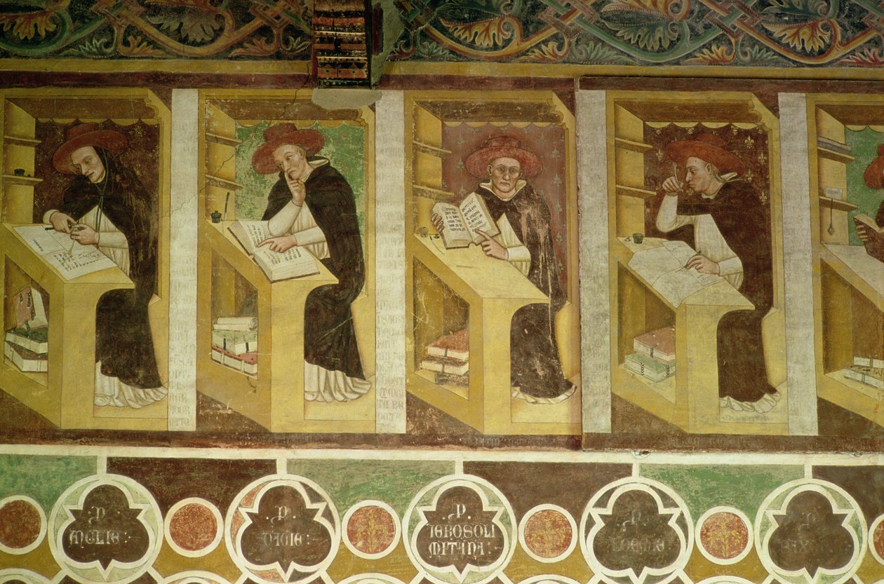 Czterech mnichów dominikanów przy biurkach, z cyklu „Czterdziestu wybitnych członków zakonu dominikanów”, w Kapitule, 1342 autorstwa Tommaso da Modena
