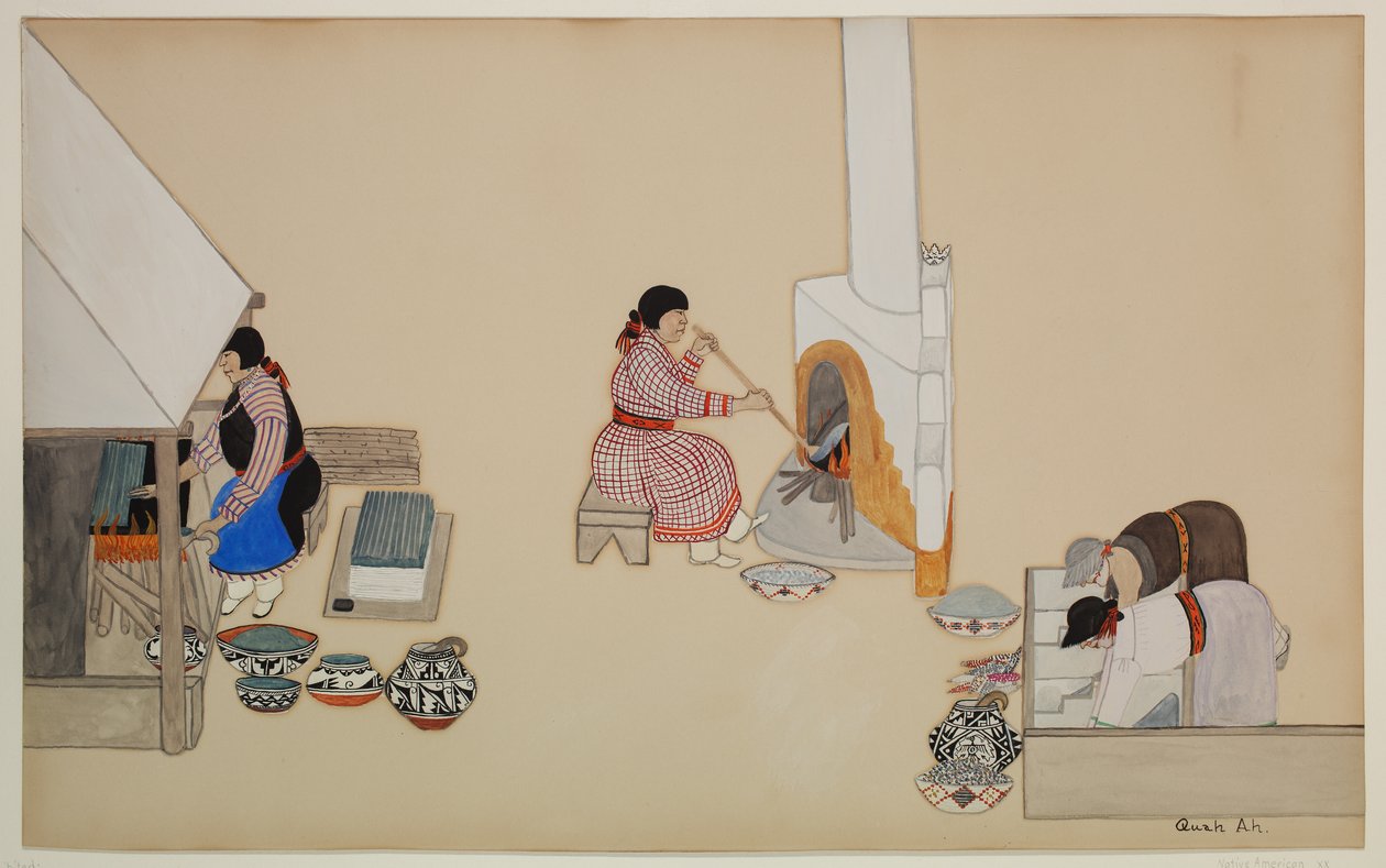 Women Weaving and Supervising Kiln, początek XX wieku (kazeina na papierze) autorstwa Tonita Peña