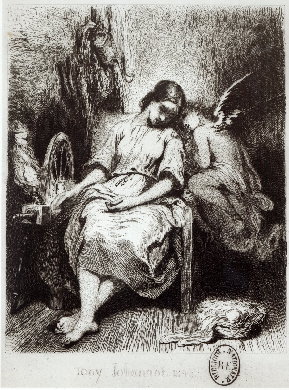 Młoda kobieta drzemiąca z aniołem, ilustracja z „Contes Choisis” Charlesa Nodiera (1780-1844) autorstwa Tony Johannot