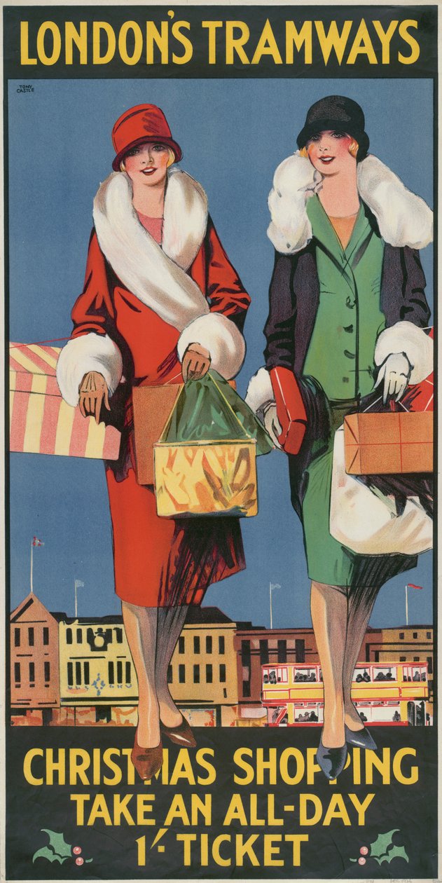 „Świąteczne zakupy, weź całodniowy bilet 1”, plakat London County Council LCC Tramways, 1926 autorstwa Tony Castle