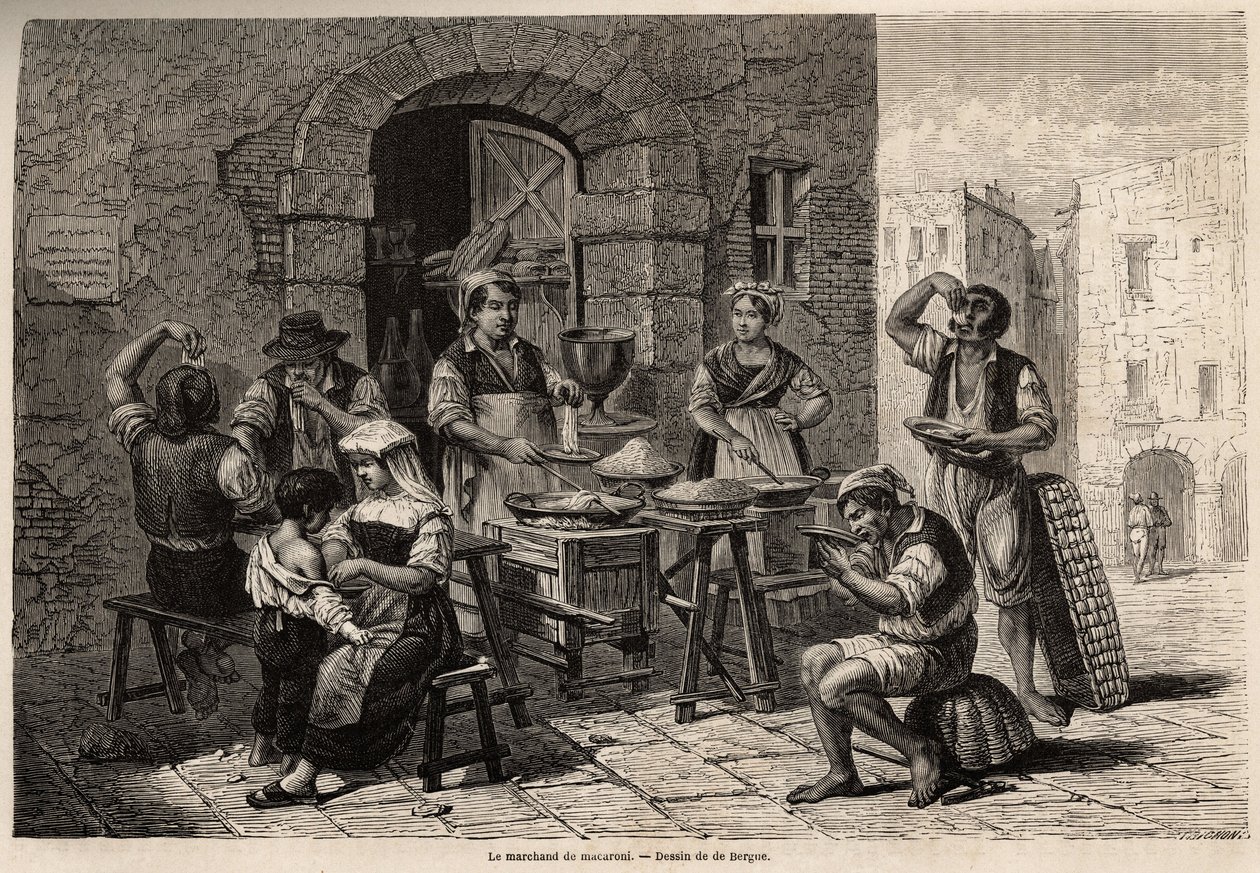 Kupiec makaronu, rysunek Bergu, ilustrujący Neapol i Neapolitańczyków, w 1861 r. autorstwa Marca Monniera (1829-1885). Grawer w „Le tour du monde” 1861. Kolekcja Selvy. autorstwa Tony Francois de Bergue