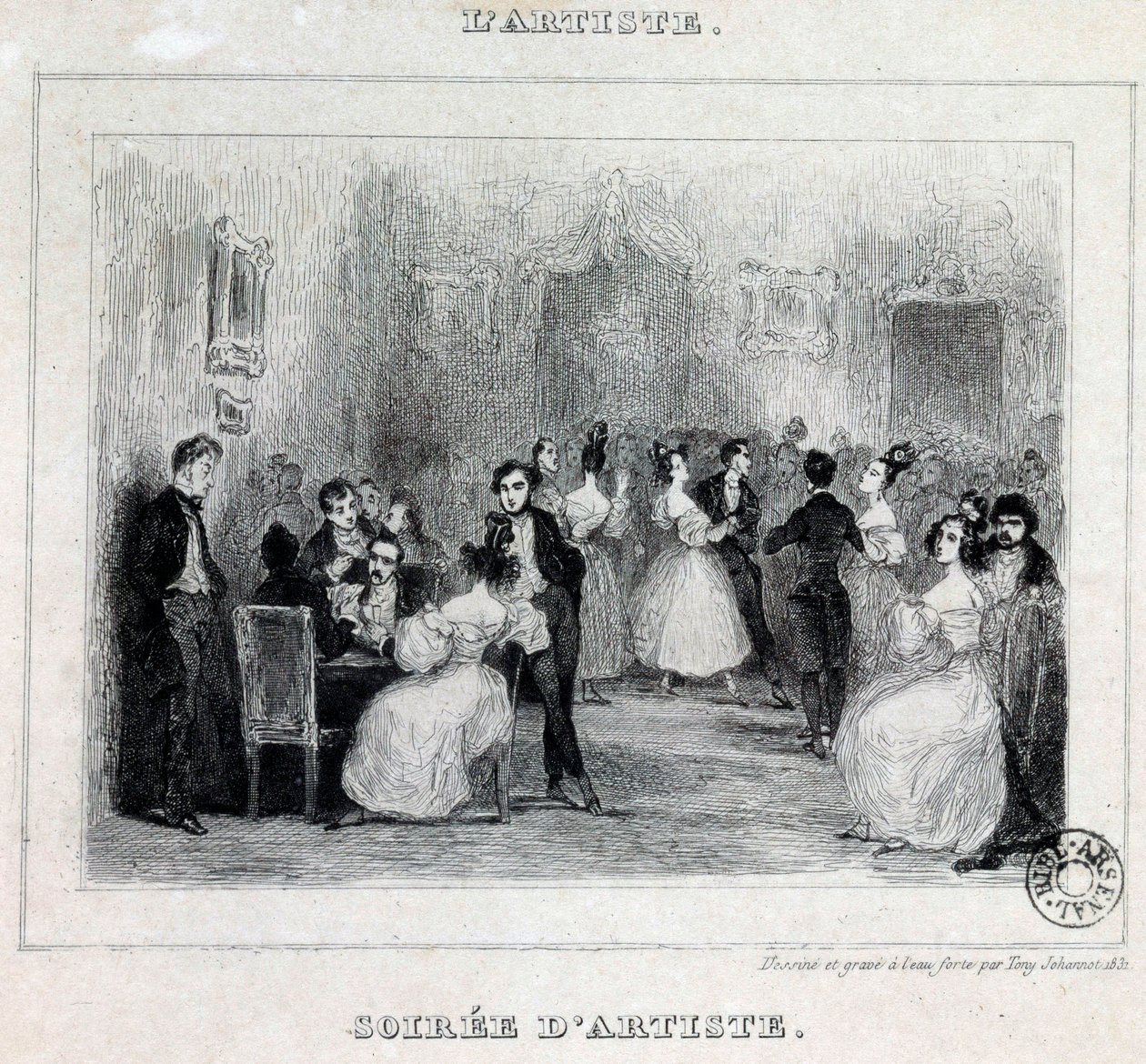Wieczór artystyczny: gry w piłkę i karty podczas wieczoru mieszczańskiego Rysunek Antoine Johannot dit Tony Johannot (1803-1852) 1831 Paryż, Bibliotheque de l