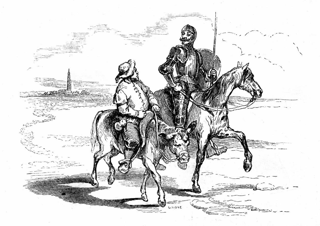 Don Kichot (Qijote, Quixote) jedzie na koniu Rossinante ze swoim fidele squiyer Sancho Panza (Panca) na ośle. Ilustracja do powieści Cervantesa wydanej we Francji w 1845 r. przez Dubochet  Cie, tłumaczenie Louis Viardot, ryciny Andy Johanno. autorstwa Tony Johannot