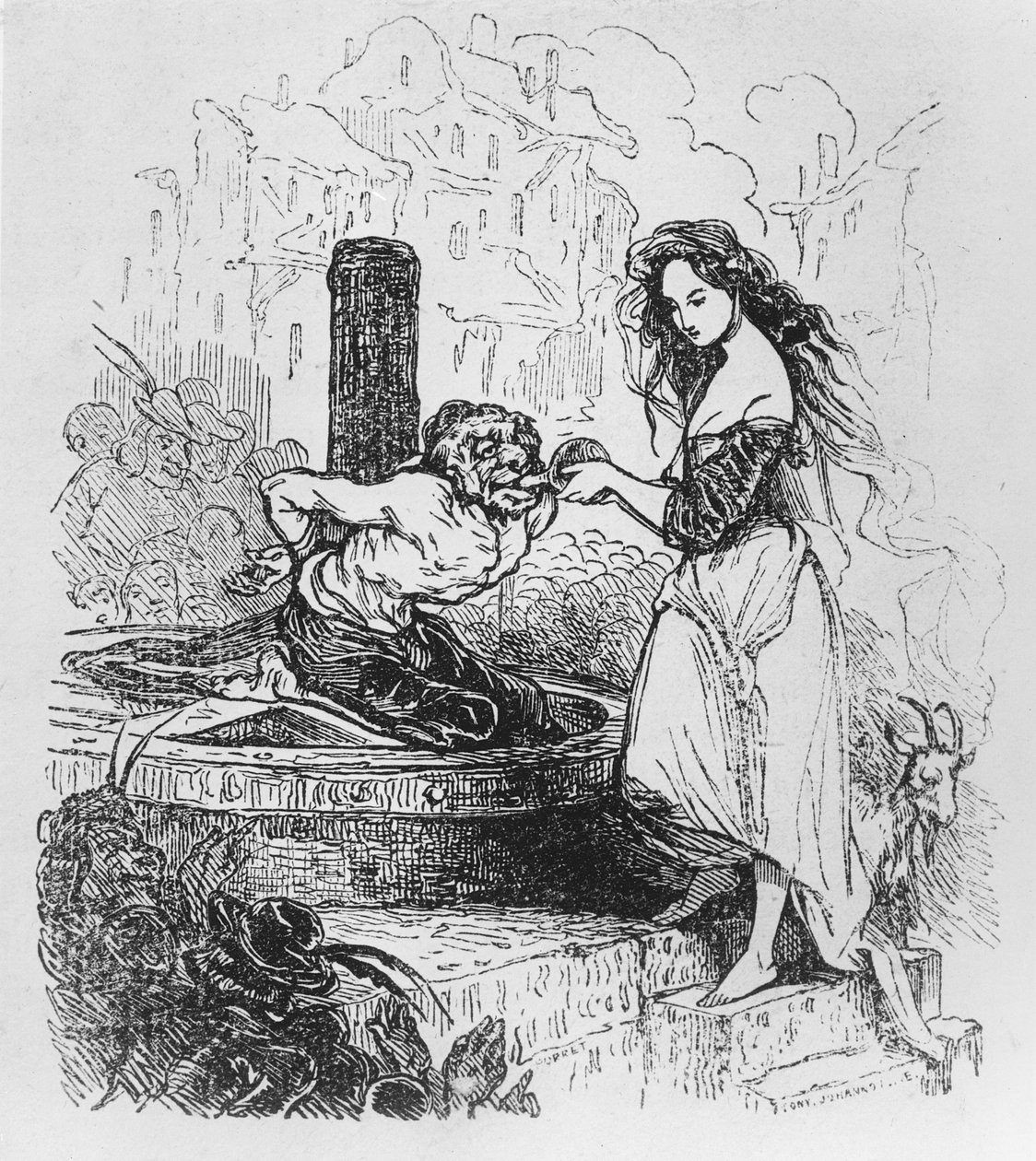 Esmeralda dająca napój Quasimodo, ilustracja z „Dzwonnika z Notre Dame” Victora Hugo autorstwa Tony Johannot
