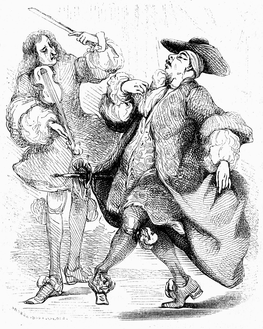 Moliere: Mieszczanin szlachcicem, pan Jourdain tańczy pod kierunkiem swojego mistrza muzyki. Rycina autorstwa Tony