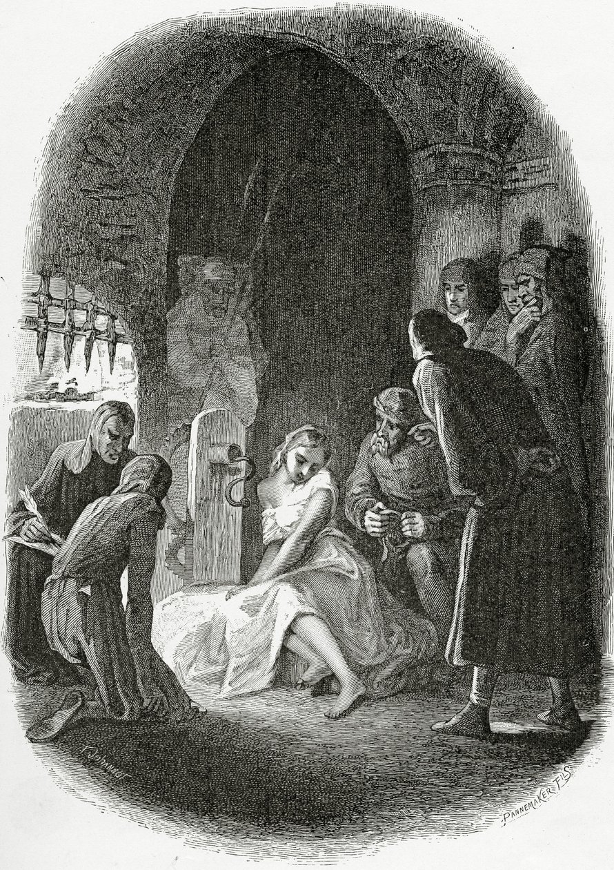 Przesłuchanie Esmeraldy - ilustracja z Notre Dame de Paris, XIX w. (rycina bw) autorstwa Tony Johannot