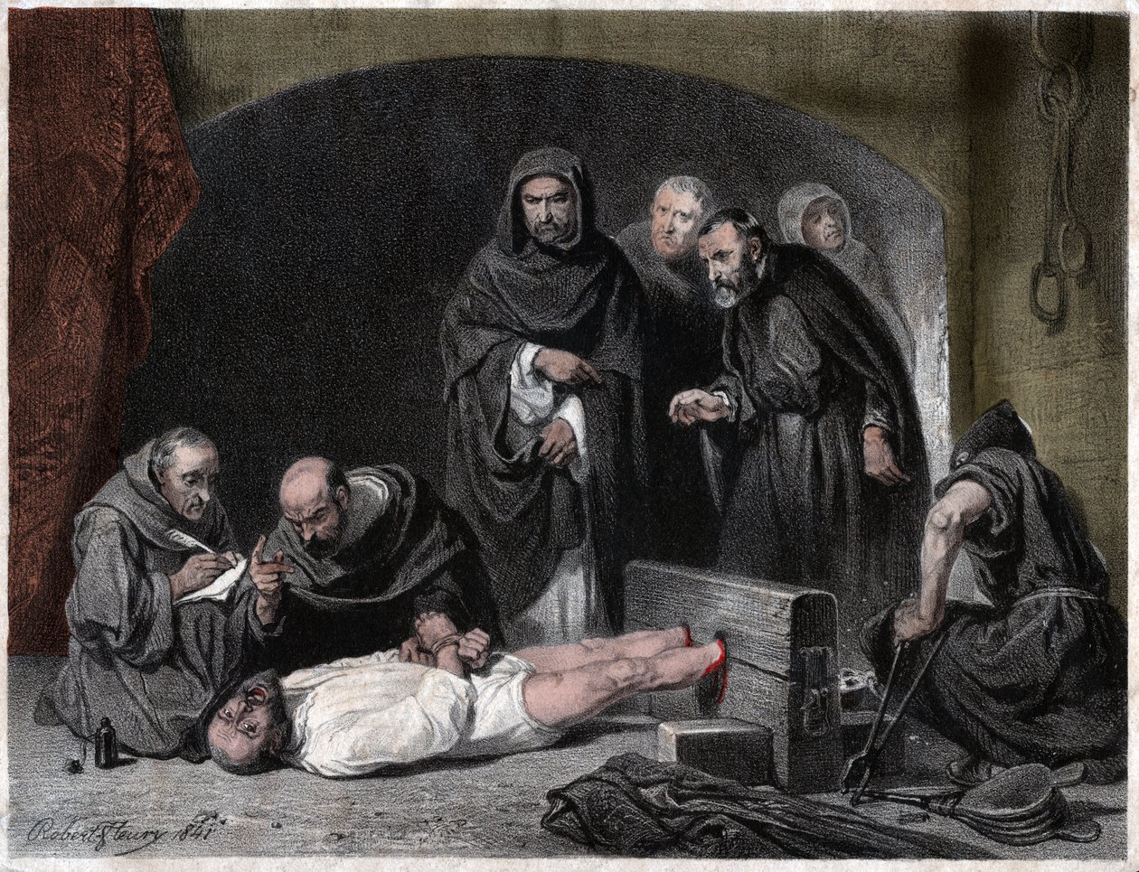 Inkwizycja w średniowieczu. 1841 (grawerowanie) autorstwa Tony Robert Fleury