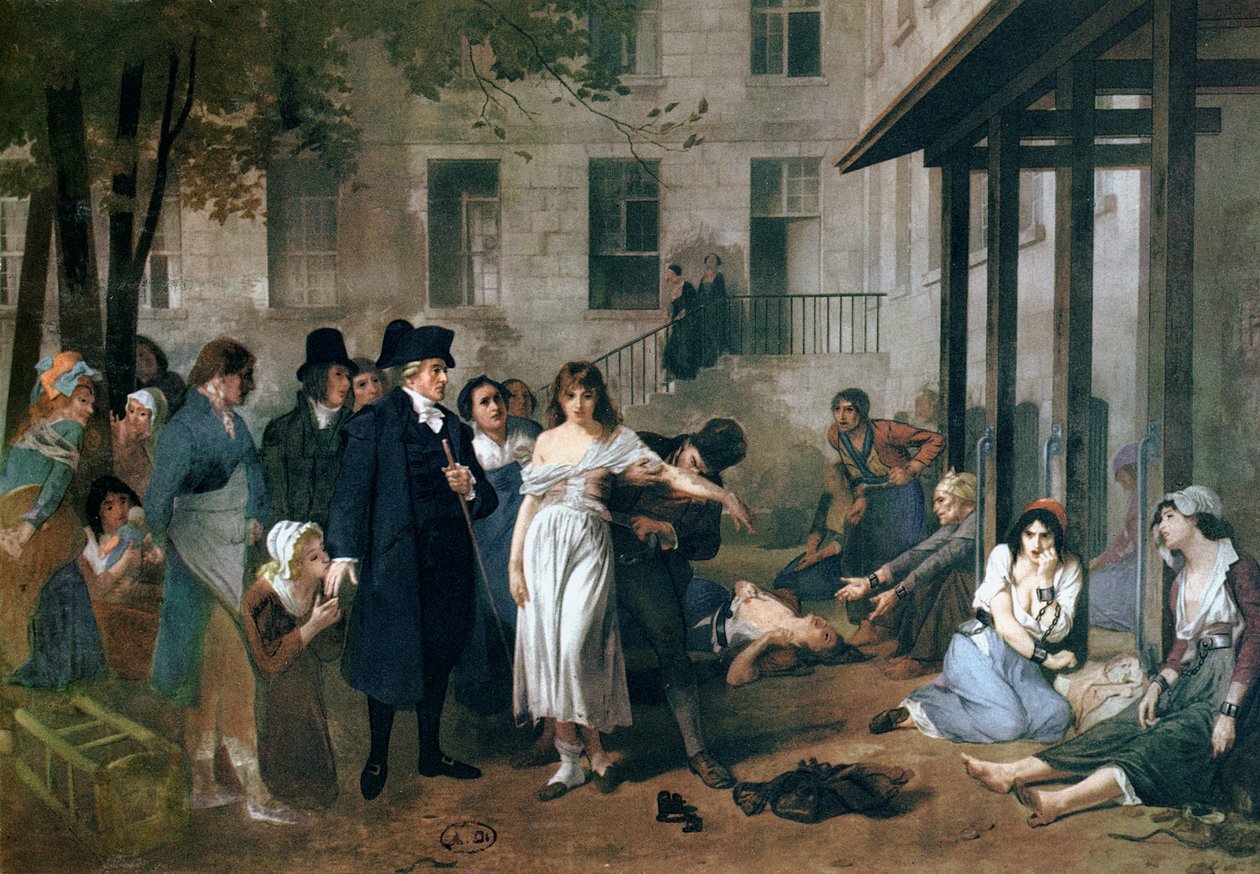 Philippe Pinel (1745-1826) uwalniający wariatów z kajdan w zakładzie psychiatrycznym Salpetriere w Paryżu w 1795 r. autorstwa Tony Robert Fleury