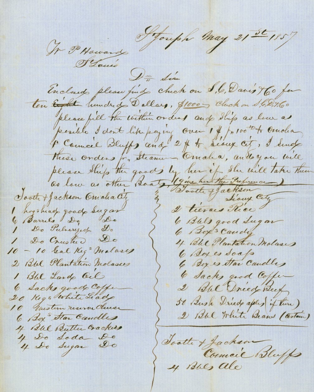 List podpisany przez Tootle & Jackson, Council Bluffs, do W.P. Howard, St. Louis, 21 maja 1857 r. autorstwa Tootle and Jackson