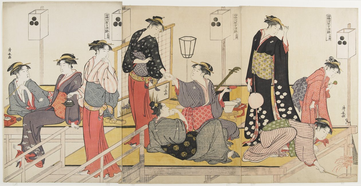 Tryptyk „Ochłodzenie wieczorem nad brzegiem rzeki Shijo_, 1784 autorstwa Torii Kiyonaga