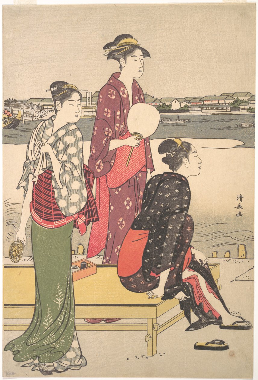 Pełnokolorowy nadruk Ukiyo-e z trzema pięknościami autorstwa Torii Kiyonaga autorstwa Torii Kiyonaga