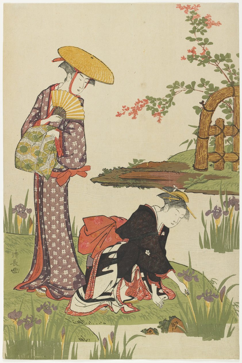 Kobiety przy stawie z irysami, 1785 autorstwa Torii Kiyonaga