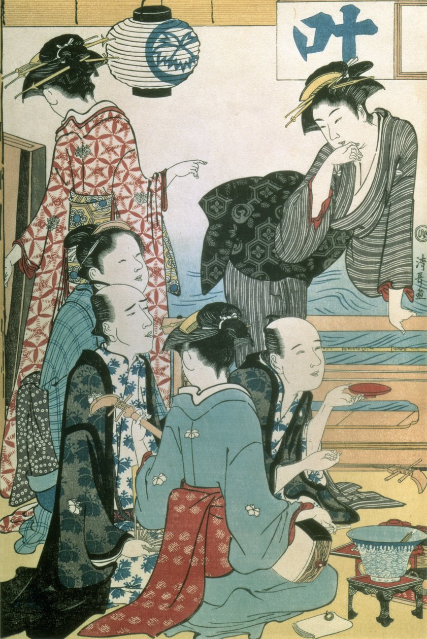 Kobiety z Gay Quarters, lewy panel dyptyku (kolorowy drzeworyt) (patrz również 114572) autorstwa Torii Kiyonaga