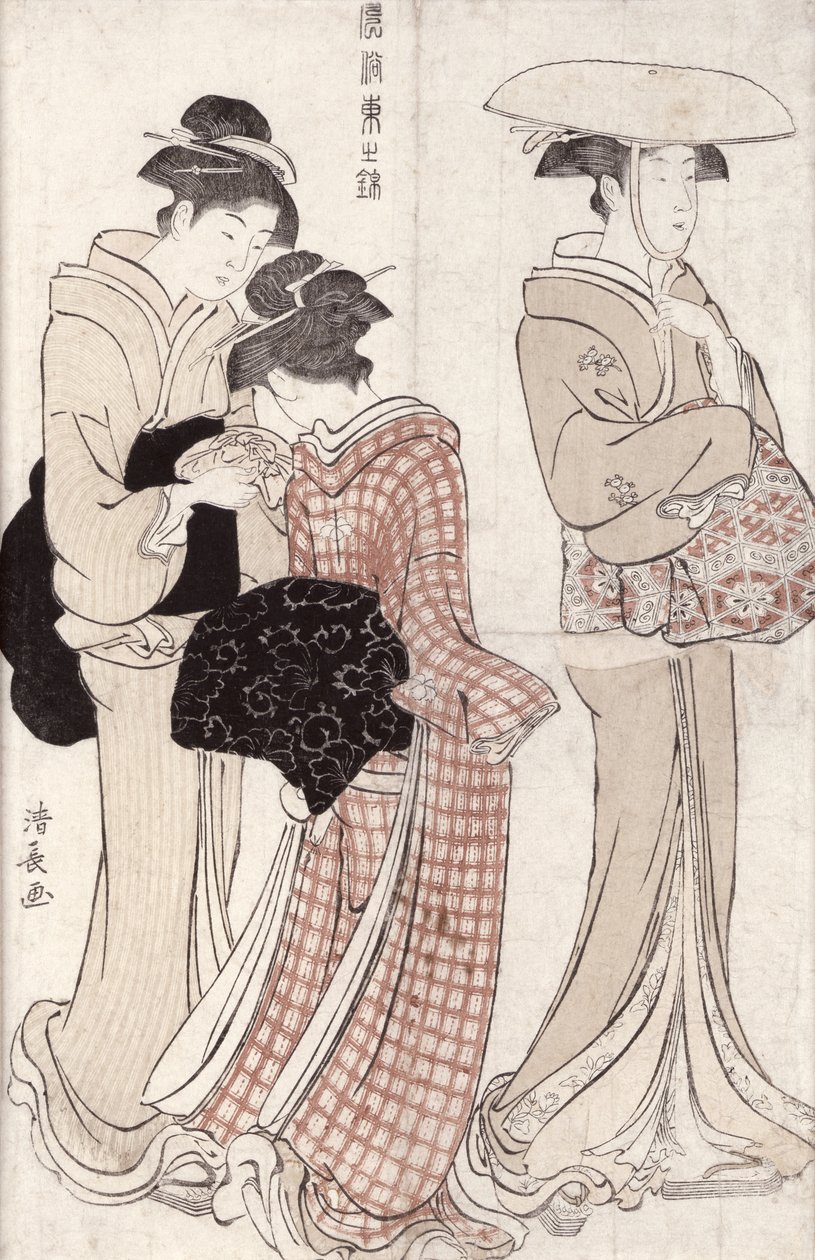 Młoda kobieta w szerokim słomkowym kapeluszu, a za nią służący i towarzysz niosący „furoshiki”, z serii „Fuzoku Azuma no nishiki” (Modne piękności Edo) 1783 (kolorowy klocek p autorstwa Torii Kiyonaga