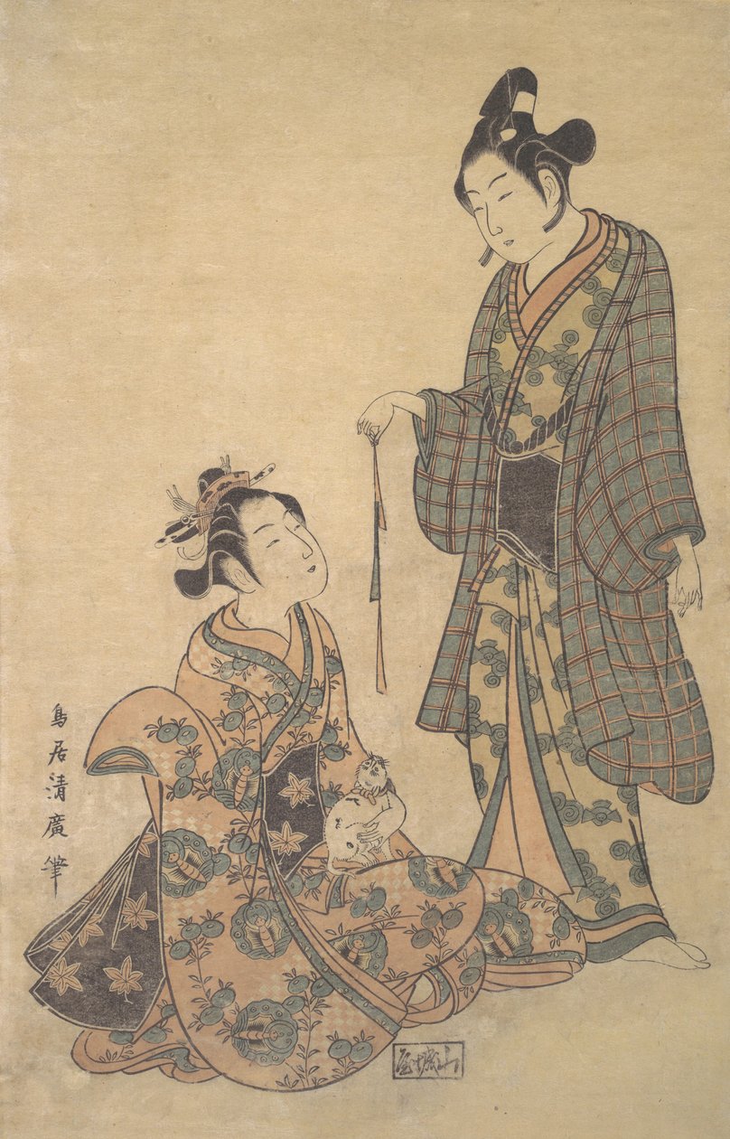 Siedząca kobieta trzymająca kota, ca. 1755. autorstwa Torii Kiyohiro