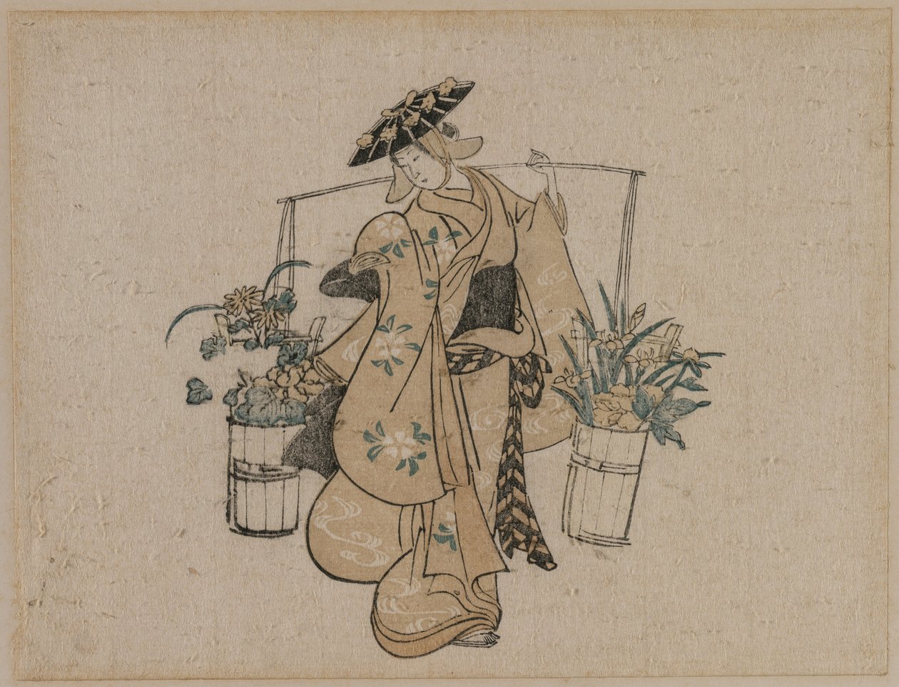 Piękna niosąca dwa wiadra kwiatów, c. 1696-1716. autorstwa Torii Kiyomasu