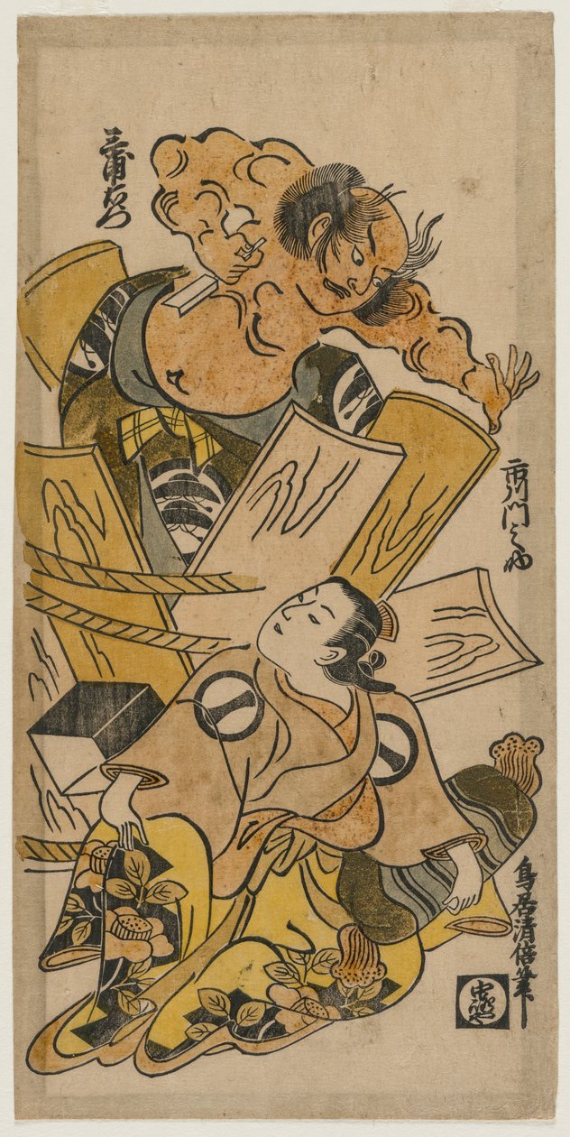 Ichikawa Monnosuke jako kurtyzana i Nakajima Mioemon wyrywający się z beczki autorstwa Torii Kiyomasu