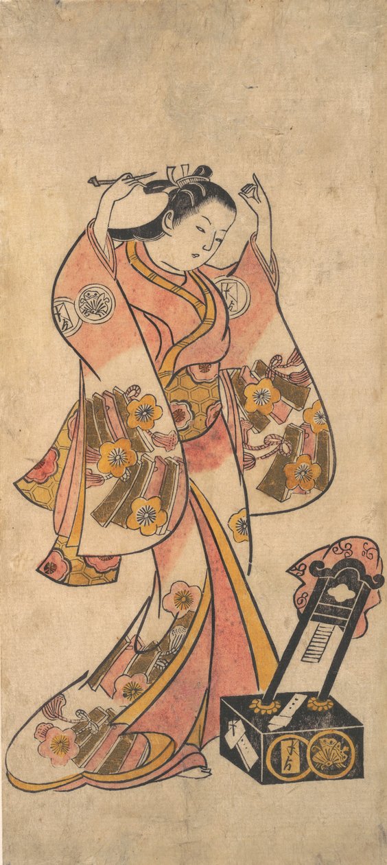 Sanjo Kantaro jako kobieta układająca włosy przed lustrem lakieru, przed 1763 r. autorstwa Torii Kiyomasu II.
