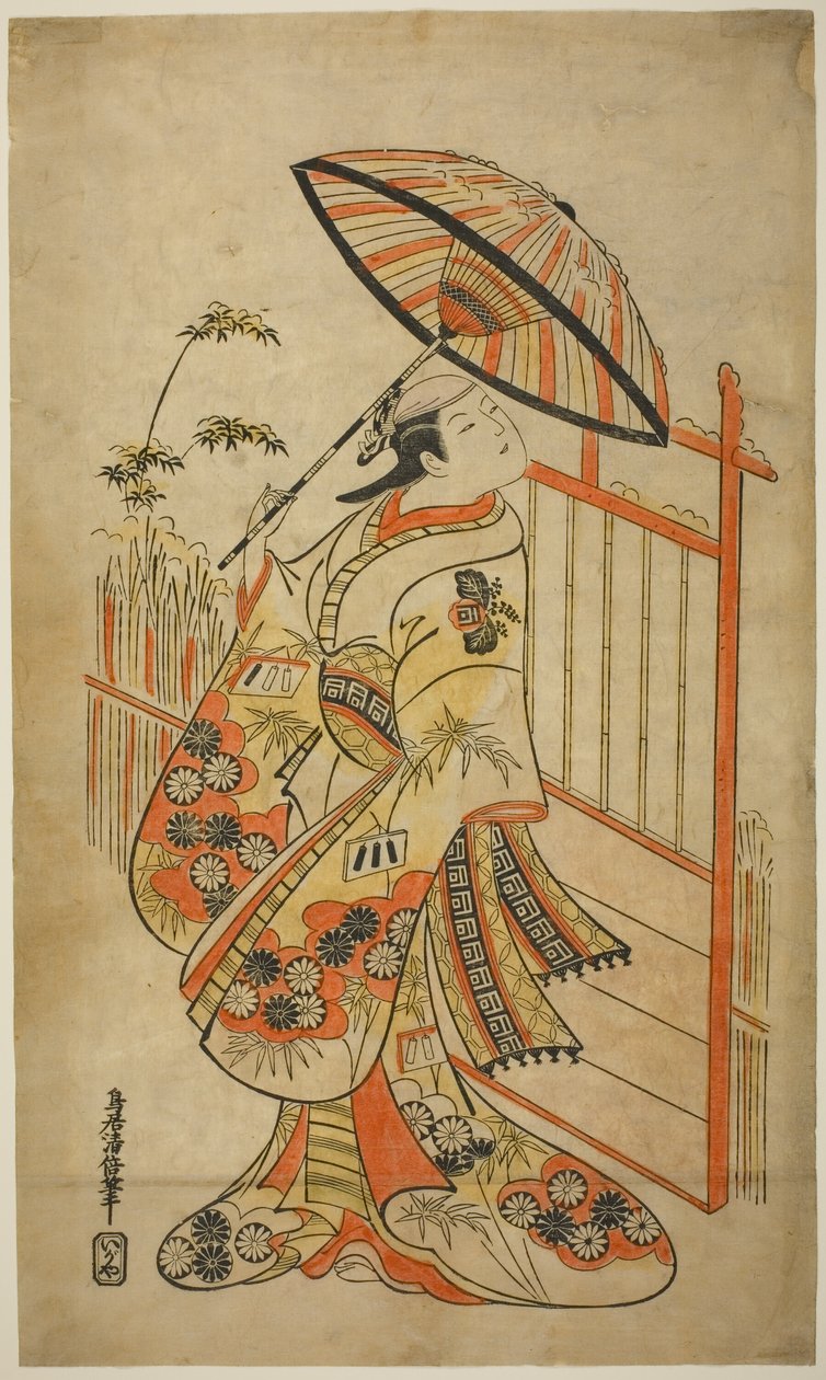 Aktor Sanogawa Mangiku I jako Sanada, córka przędzarki Itoya, w sztuce „Hiragana Yomeiri Izu Nikki”, wystawiona w Teatrze Nakamura w jedenastym miesiącu 1718 autorstwa Torii Kiyomasu II