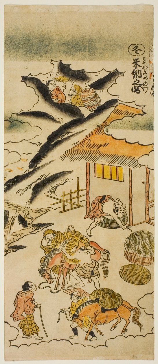 Zima: przechowywanie ryżu (Fuyu: kome osame no zu), nr 4 z serii „Cztery pory roku rolników (Shiki no hyakusho)” autorstwa Torii Kiyomasu II