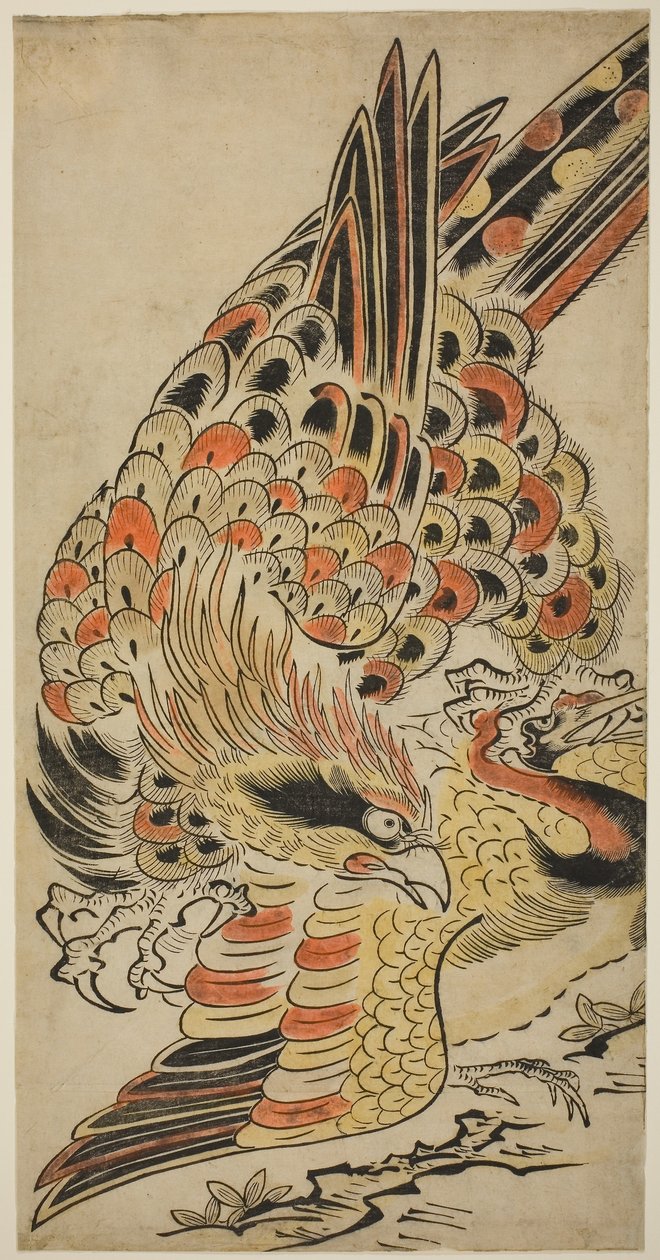 Jastrząb łapiący żuraw w locie, ok. 1715 (ręcznie kolorowany drzeworyt) autorstwa Torii Kiyomasu I