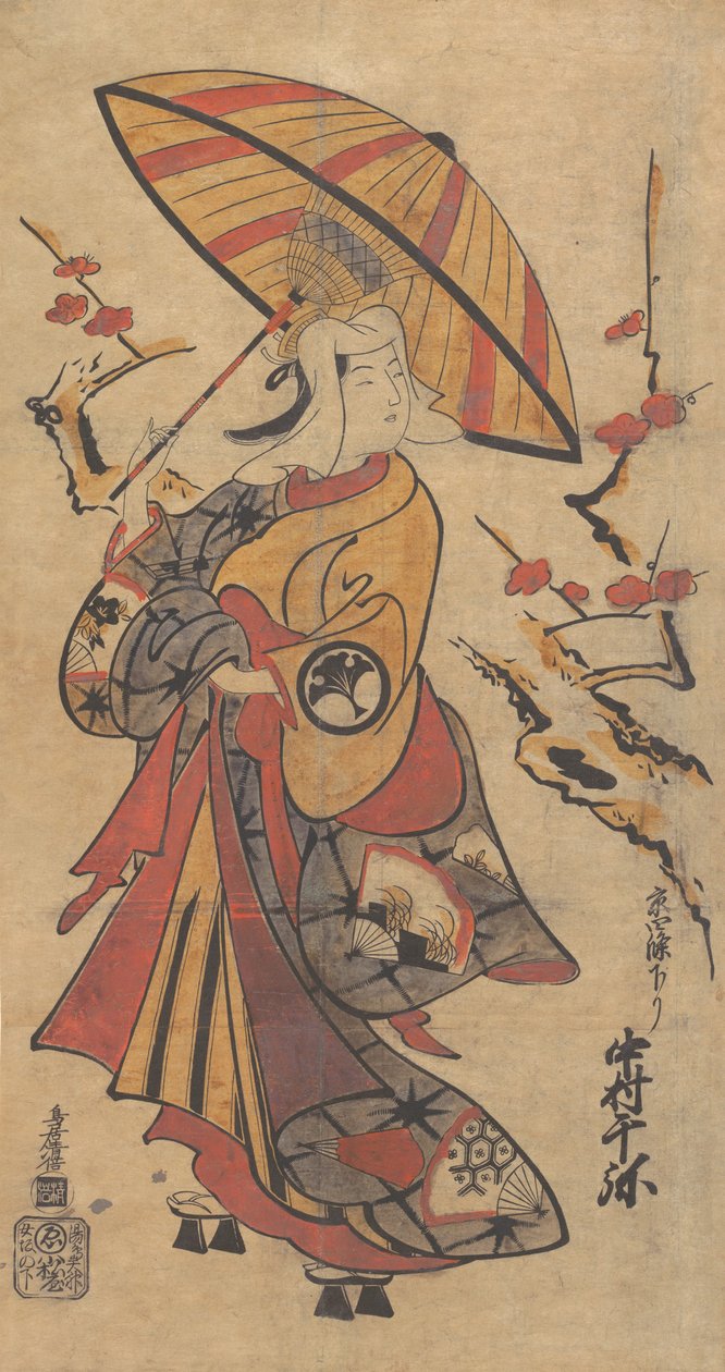 Aktor Nakamura Senya jako Tokonatsu w sztuce Kabuki, Dziedzictwo trzech przecinków F..., ca. 1716. autorstwa Torii Kiyomasu I