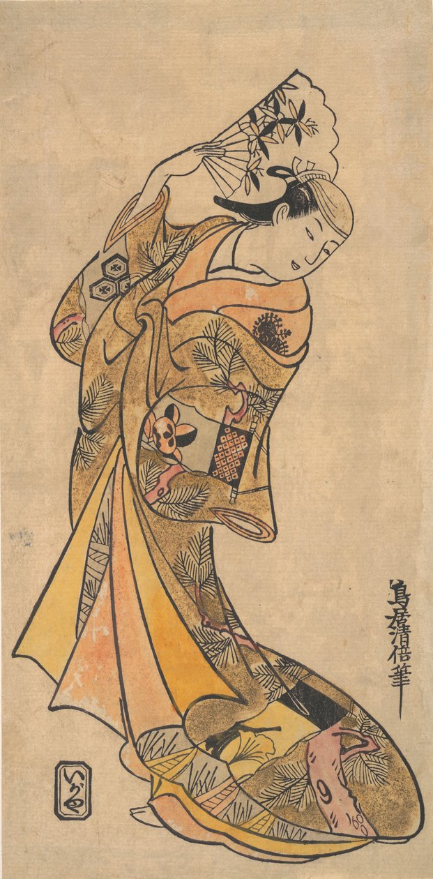 Aktor, Nakamura Shichisaburo II, 1703-1774 jako kobieta z wachlarzem. autorstwa Torii Kiyomasu I