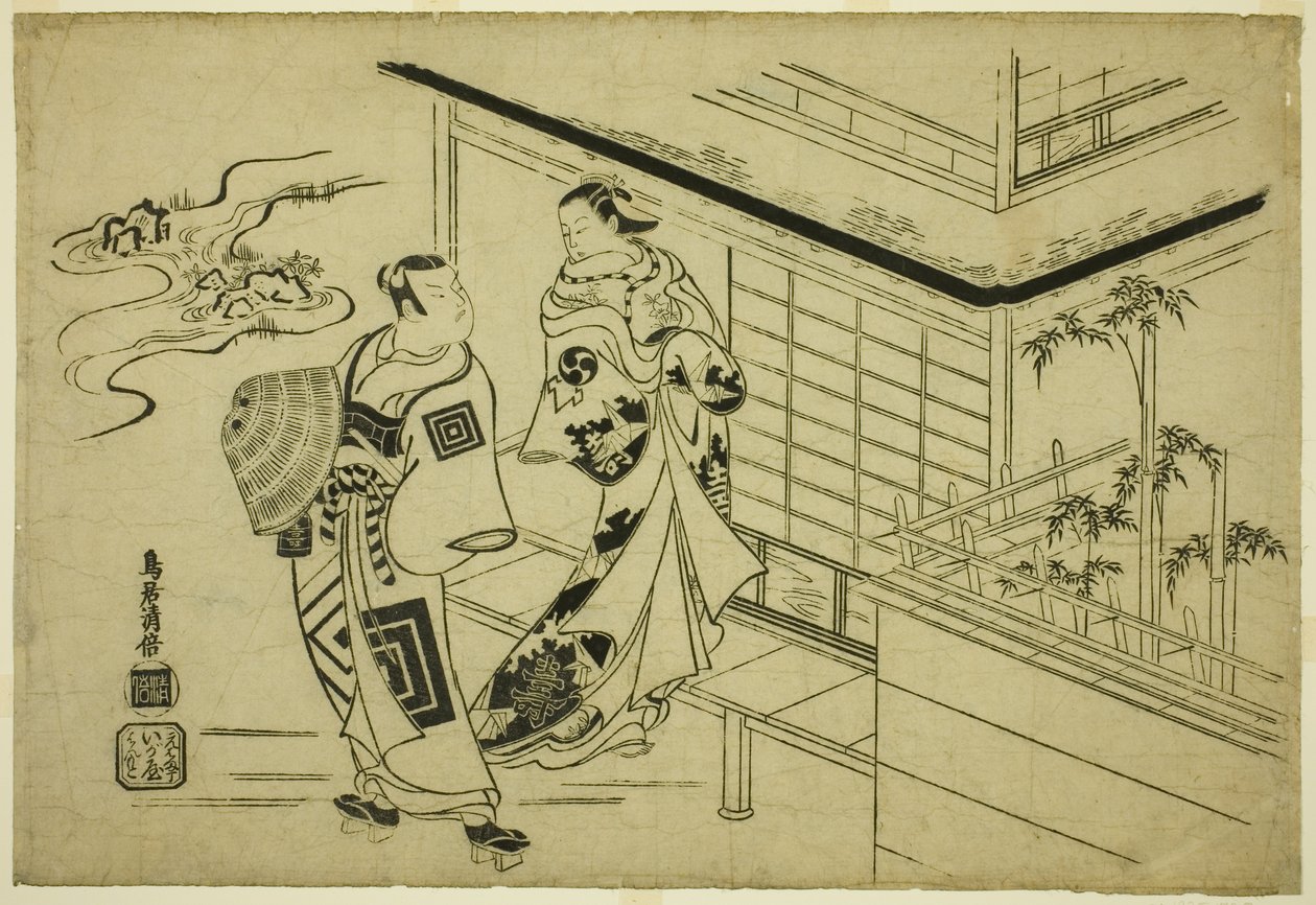Aktorzy Nakamura Takesaburo I jako Kewaizaka no Shosho i Ichikawa Danjuro II jako Soga no Goro w sztuce „Bando Ichi Kotobuki Soga”, wystawionej w Teatrze Nakamura w pierwszym miesiącu 1715 roku autorstwa Torii Kiyomasu I