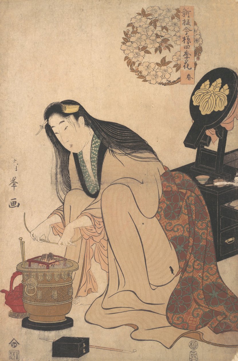 Pani układa wspornik Binsashi dla włosów nad świątyniami, aby włożyć jej włosy, ok..., ok. 1808. autorstwa Torii Kiyomine