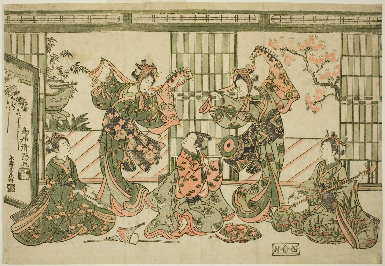 Artyści wykonujący taniec hobby-horse autorstwa Torii Kiyomitsu I