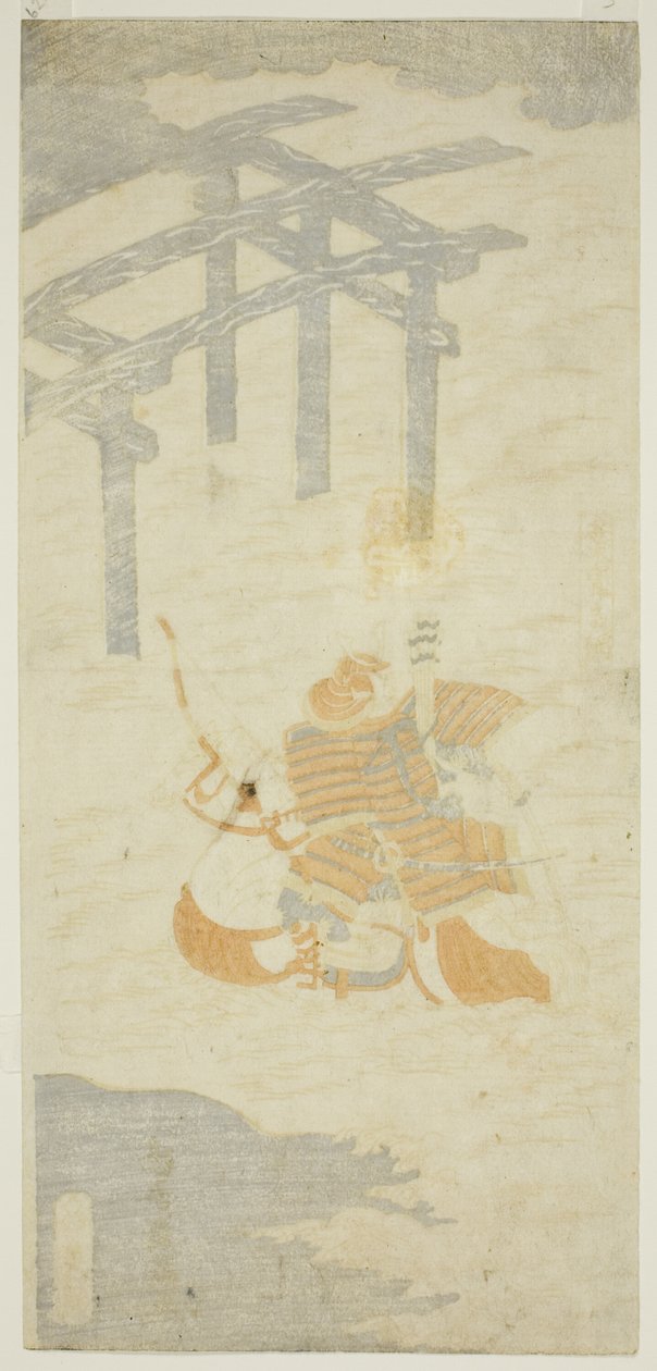 Wojownik Sasaki Shiro Takatsuna przekraczający rzekę Uji na koniu autorstwa Torii Kiyomitsu I