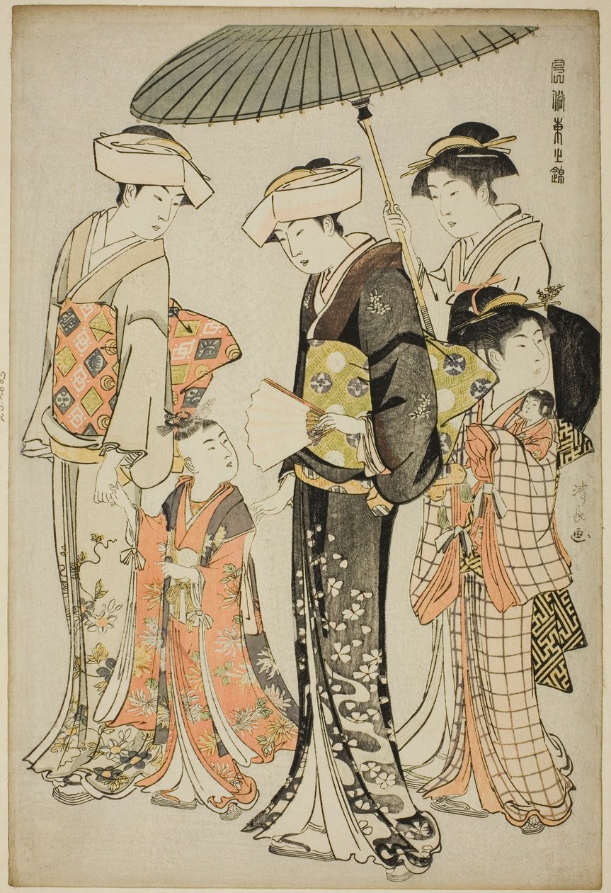 Dziewczyna i cztery sługi z serii „Brokada wschodnich manier (Fuzoku Azuma no nishiki)” autorstwa Torii Kiyonaga
