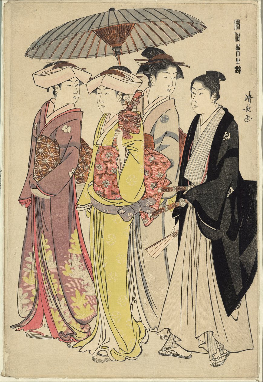Dama z trzema sługami, z cyklu „Brokada wschodnich manier (Fuzoku Azuma no nishiki)” autorstwa Torii Kiyonaga