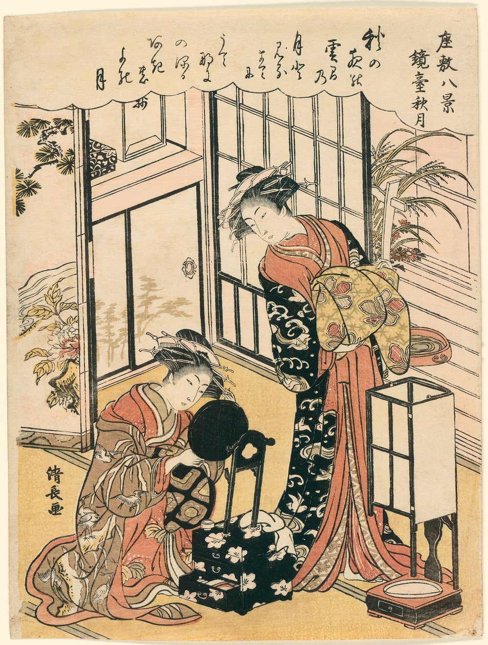 Lustro na stojaku sugerujące jesienny księżyc (Kyodai no shugetsu), z cyklu „Osiem scen salonu (Zashiki hakkei)” autorstwa Torii Kiyonaga