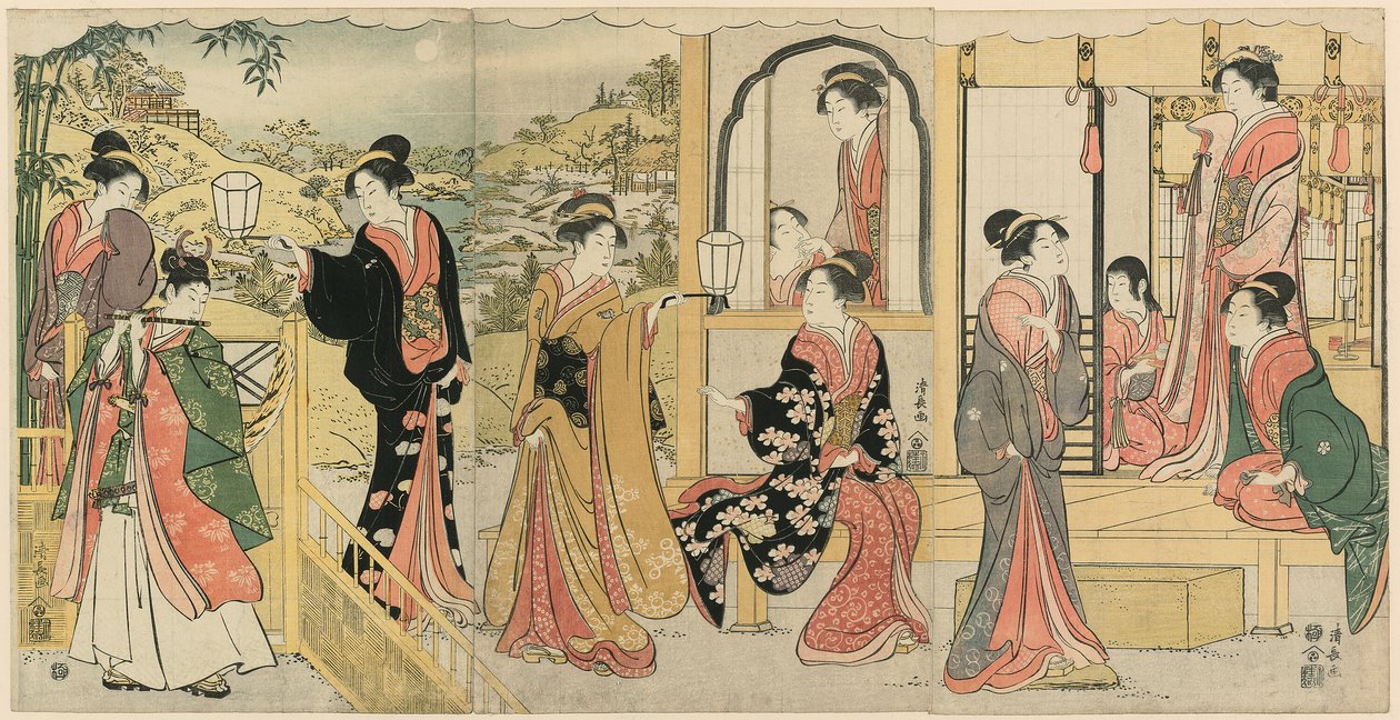 Nowoczesna wersja Ushiwakamaru Serenading Princess Joruri autorstwa Torii Kiyonaga