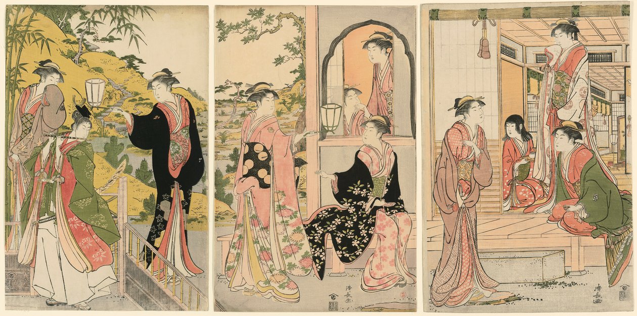 Nowoczesna wersja Ushiwakamaru Serenading Princess Joruri autorstwa Torii Kiyonaga
