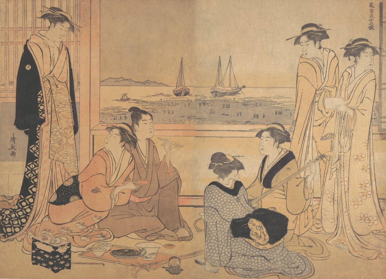 Impreza Wesołych w herbaciarni w Shinagawa, ok. godz. 1783. autorstwa Torii Kiyonaga