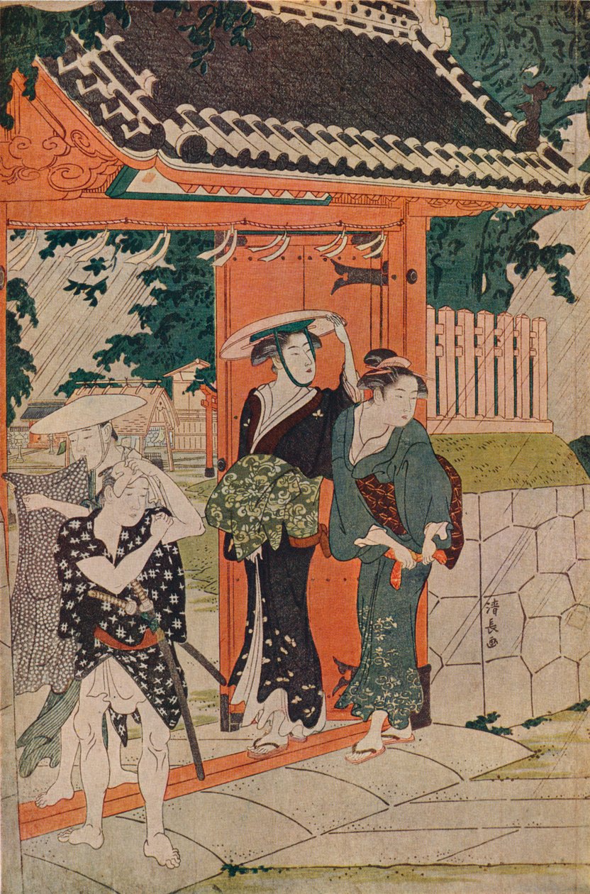 Nagły prysznic w świątyni Mimeguri Inari, 1787 autorstwa Torii Kiyonaga
