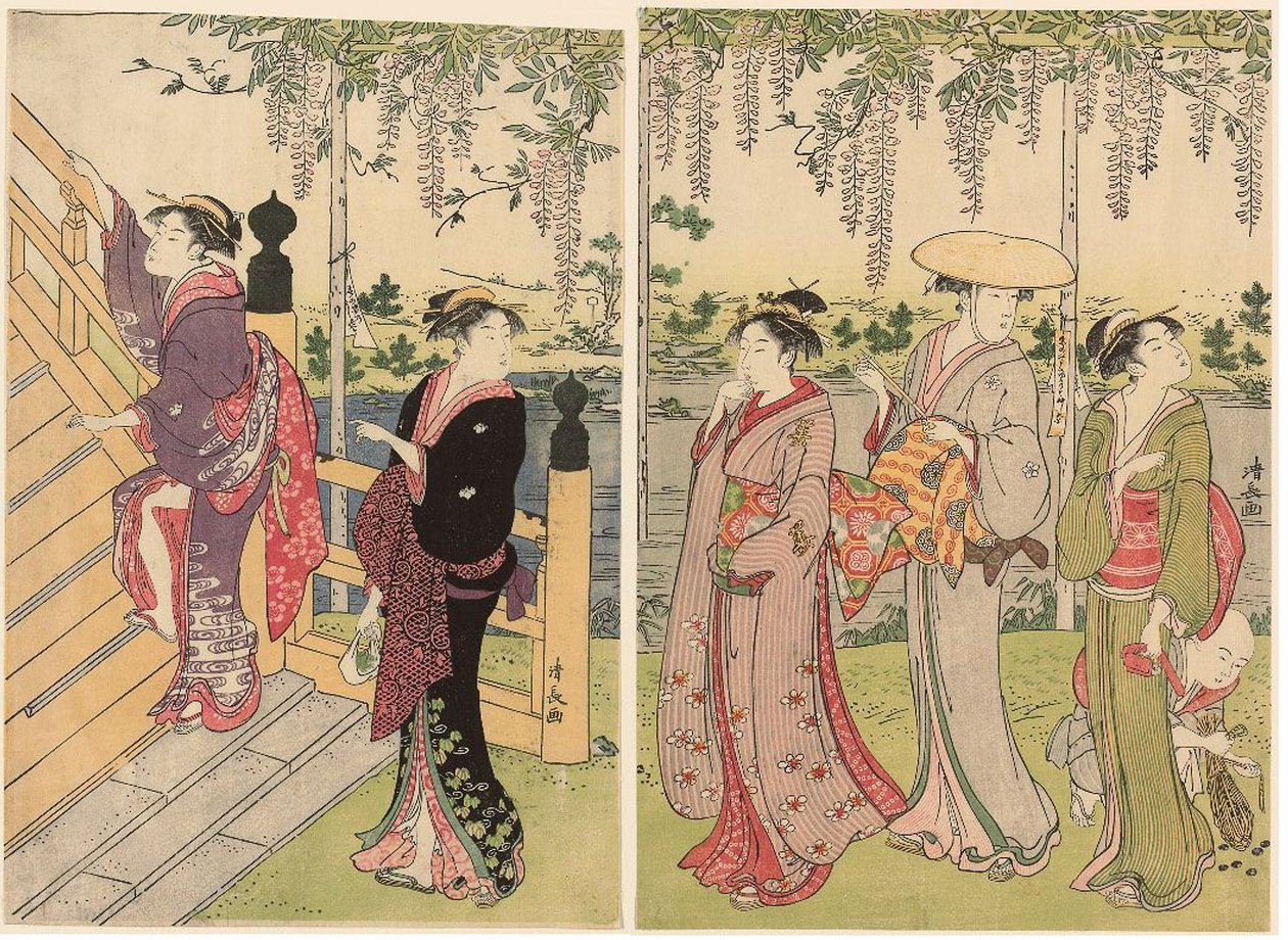 Podziwianie glicynii w Sanktuarium Kameido autorstwa Torii Kiyonaga