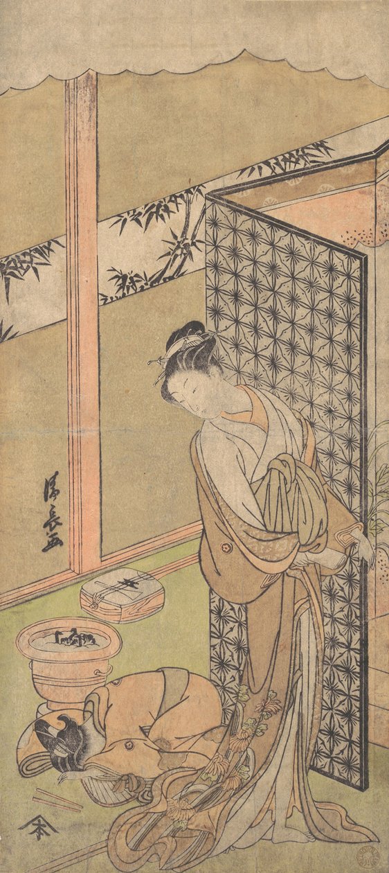 Oiran w nocnym stroju, zatrzymując się, z jedną ręką na ekranie, który otacza jej łóżko,..., ca. 1770. autorstwa Torii Kiyonaga