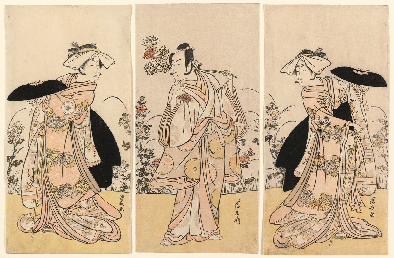 Bando Mitsugoro II jako Tennen no Mansaku-kitsune i Ichikawa Monnosuke III jako Nikaido Shinanonosuke oraz Iwai Hanshiro IV jako Okura no Kojoro-kitsune w scenie z dramatu Moto Mishi Yuki Sakae Hachi-no-ki (Nidaime Bando Mitsugoro no Tennen no mansaku autorstwa Torii Kiyonaga
