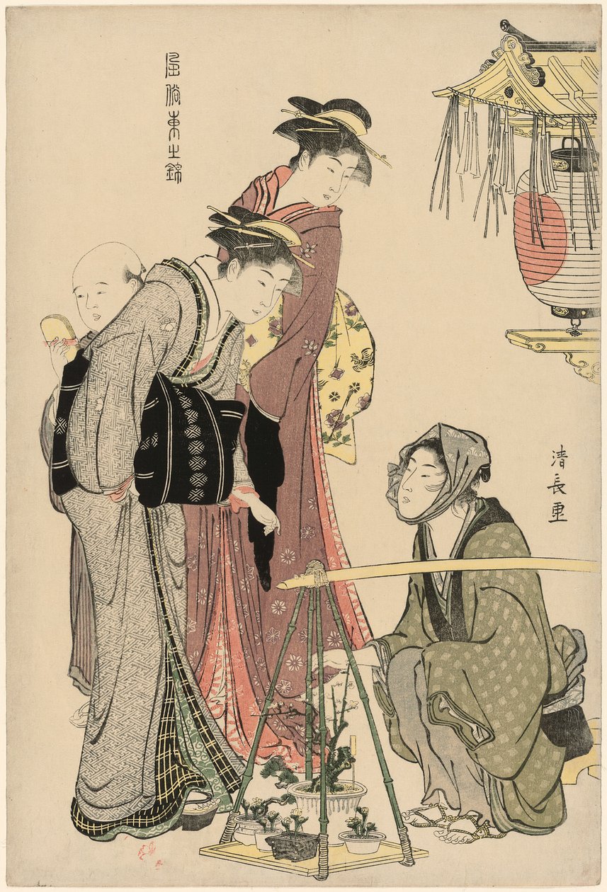 Kupowanie roślin doniczkowych z serii „Brokada wschodnich manier (Fuzoku Azuma no nishiki)” autorstwa Torii Kiyonaga