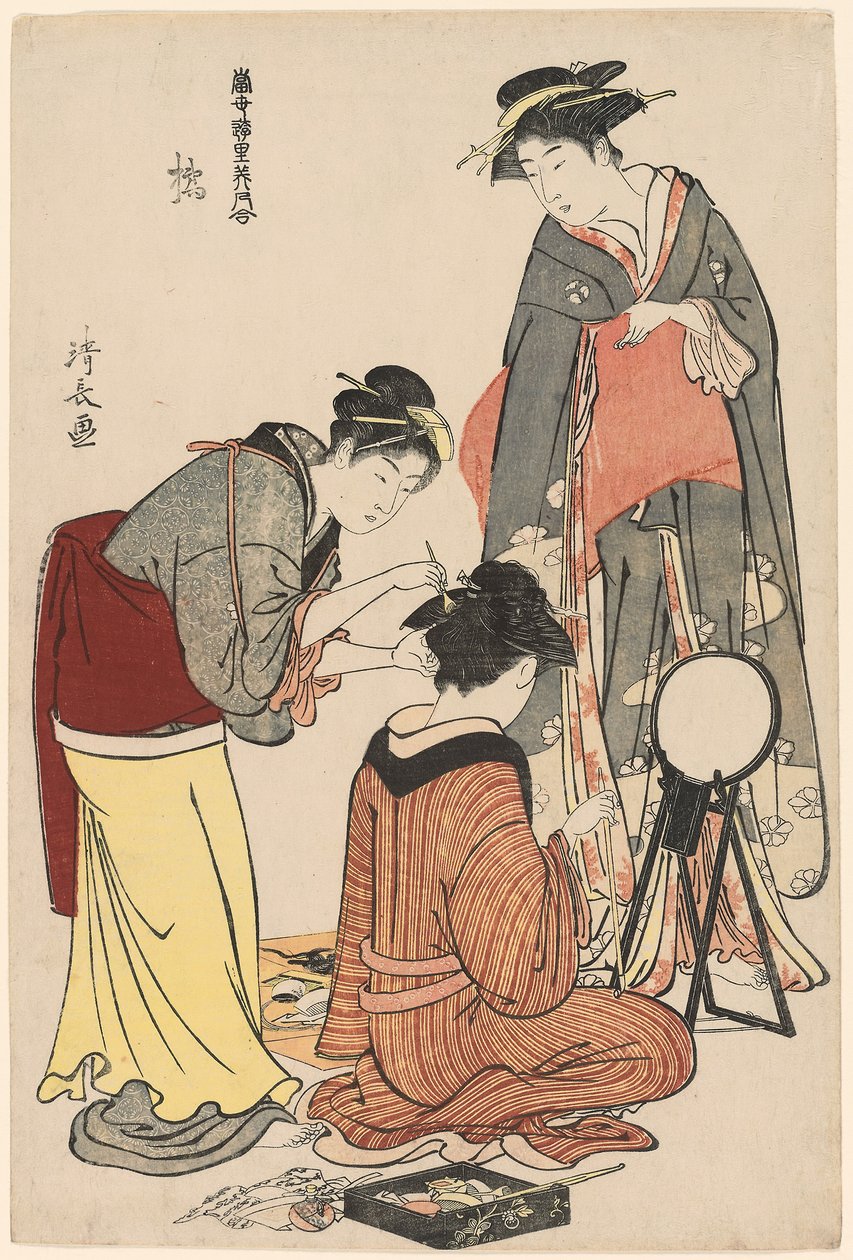 Artyści z Tachibany, z serii „Kolekcja współczesnych piękności dzielnic przyjemności (Tosei yuri bijin awase)”, ok. 1782 (kolorowy drzeworyt; oban) autorstwa Torii Kiyonaga