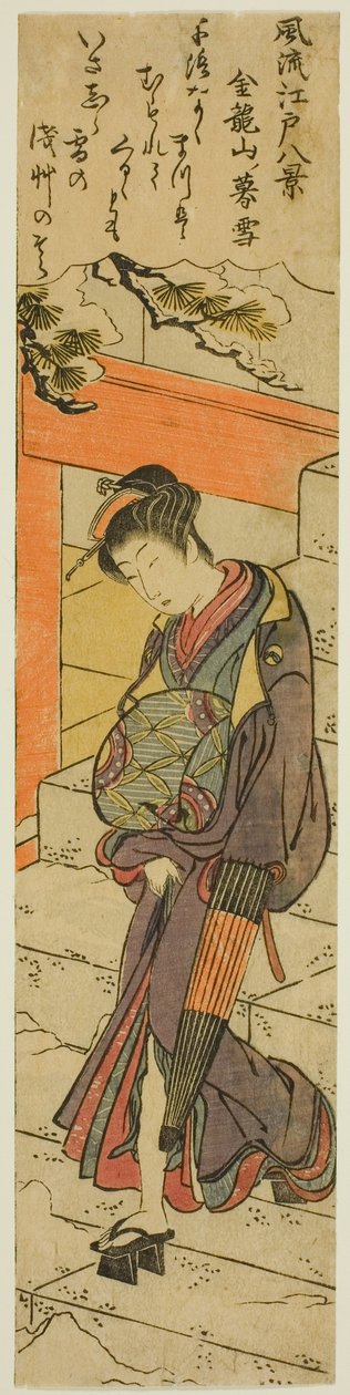 Wieczorny śnieg w świątyni Kinryuzan (Kinryuzan no bosetsu), z serii „Osiem modnych widoków Edo (Furyu Edo hakkei)” autorstwa Torii Kiyonaga